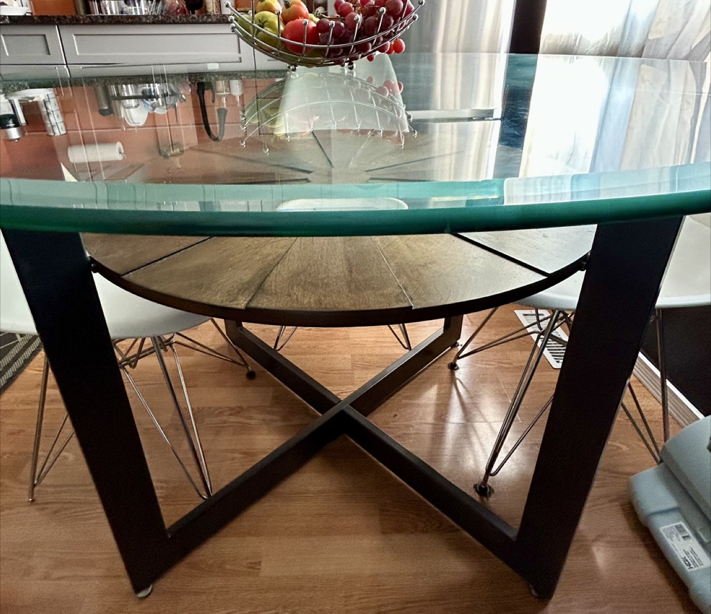 Round Glass Top Dining Table with 4 White Eiffel Dining Chairs - photo 2