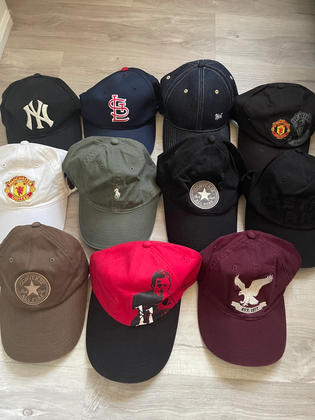 Assorted Baseball Caps: NY, Manchester United, Converse