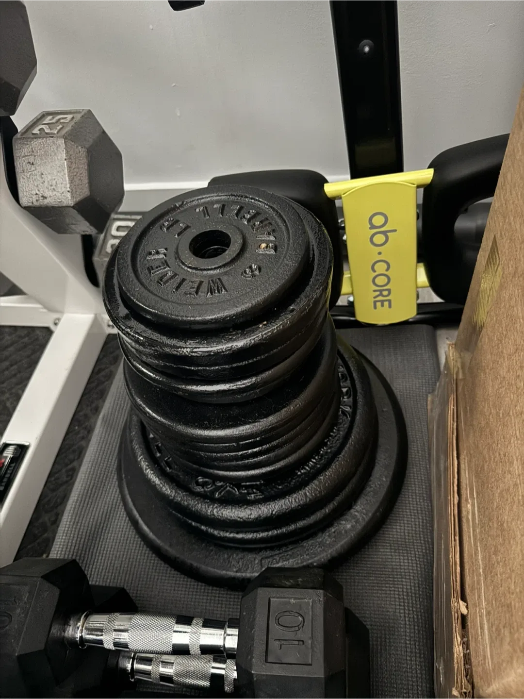 Weight plates with curl bar and tricep bar thumbnail