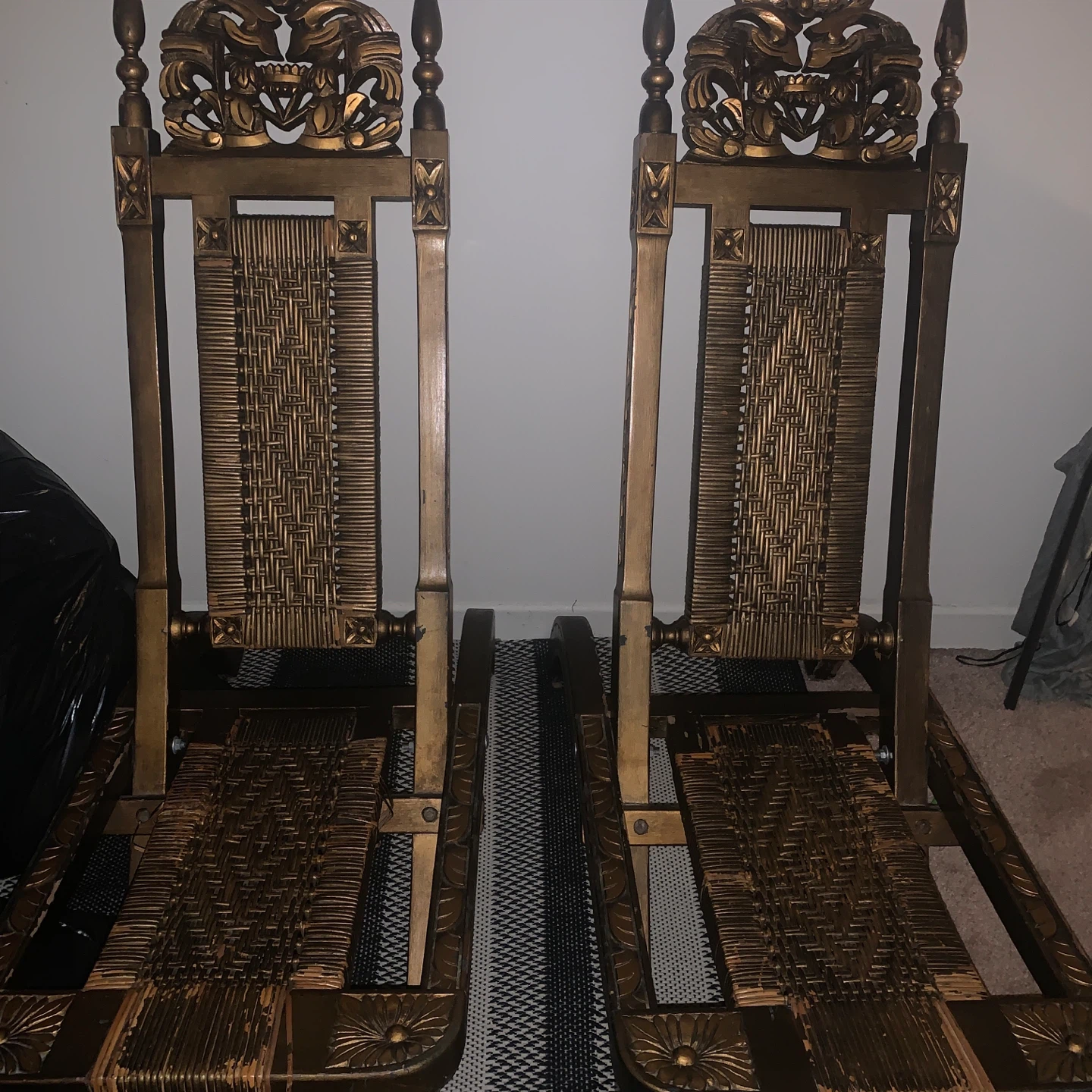 Antique Asian Carved Wood & Cannage Folding Chair