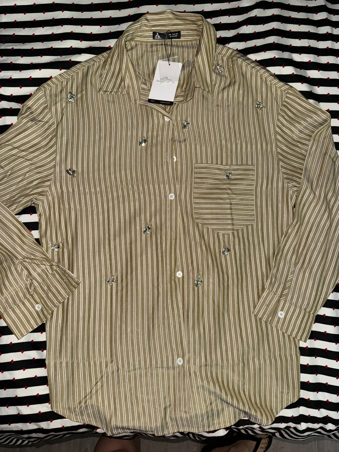 Anewsta Oversized Striped Diamond Decor Shirt thumbnail