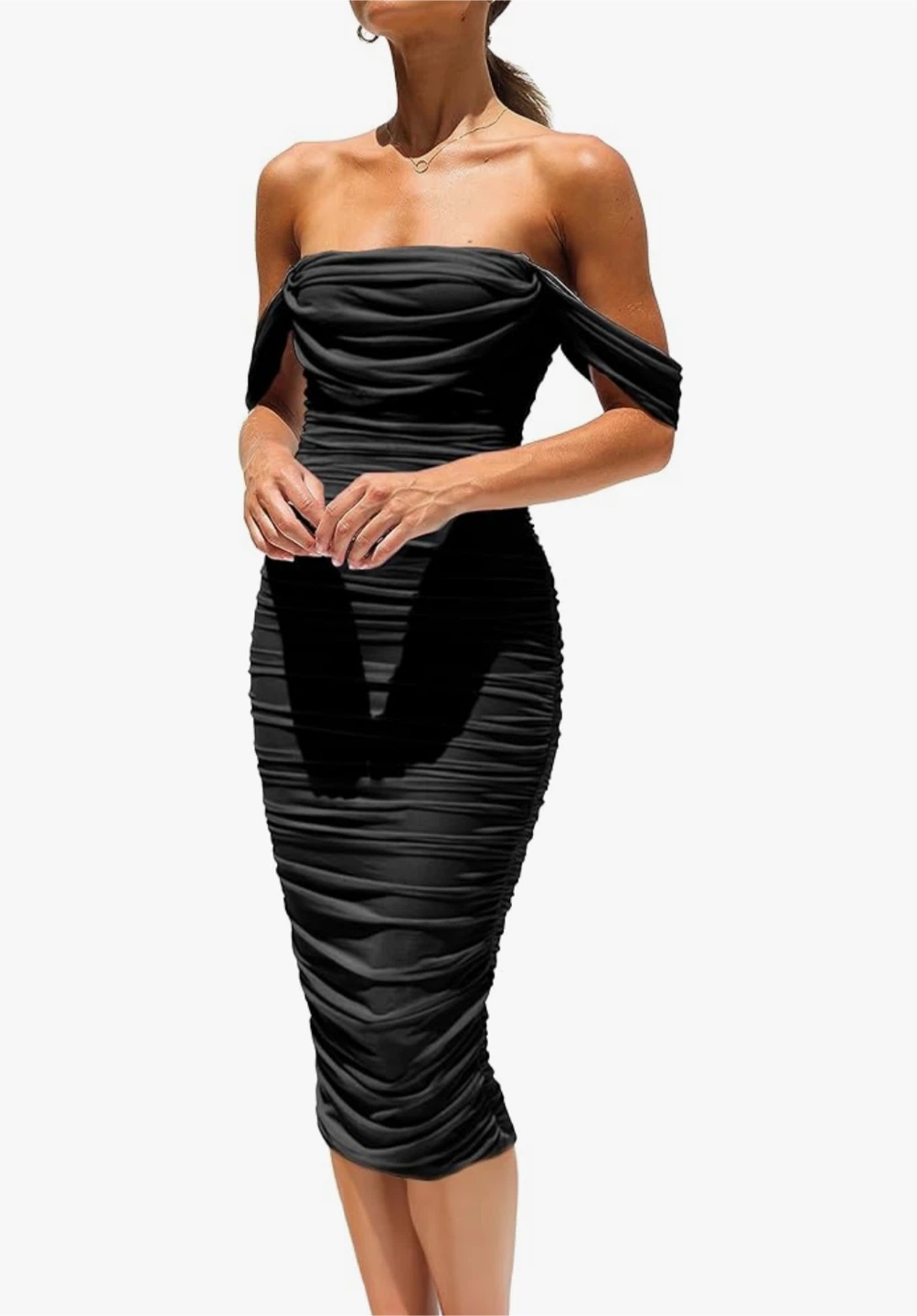 Black Off-Shoulder Ruched Midi Dress