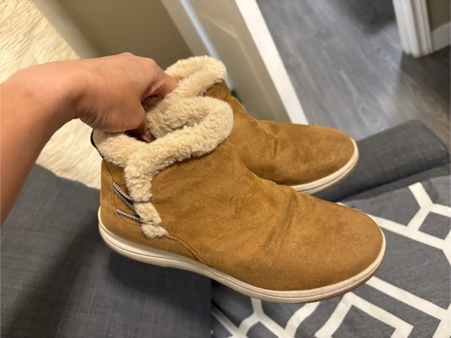 Brown Suede Ankle Boots with Faux Fur Trim thumbnail