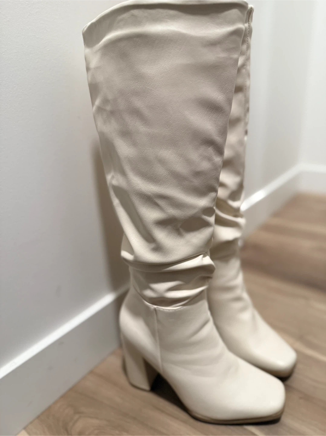 Beige Knee-High Heeled Boots