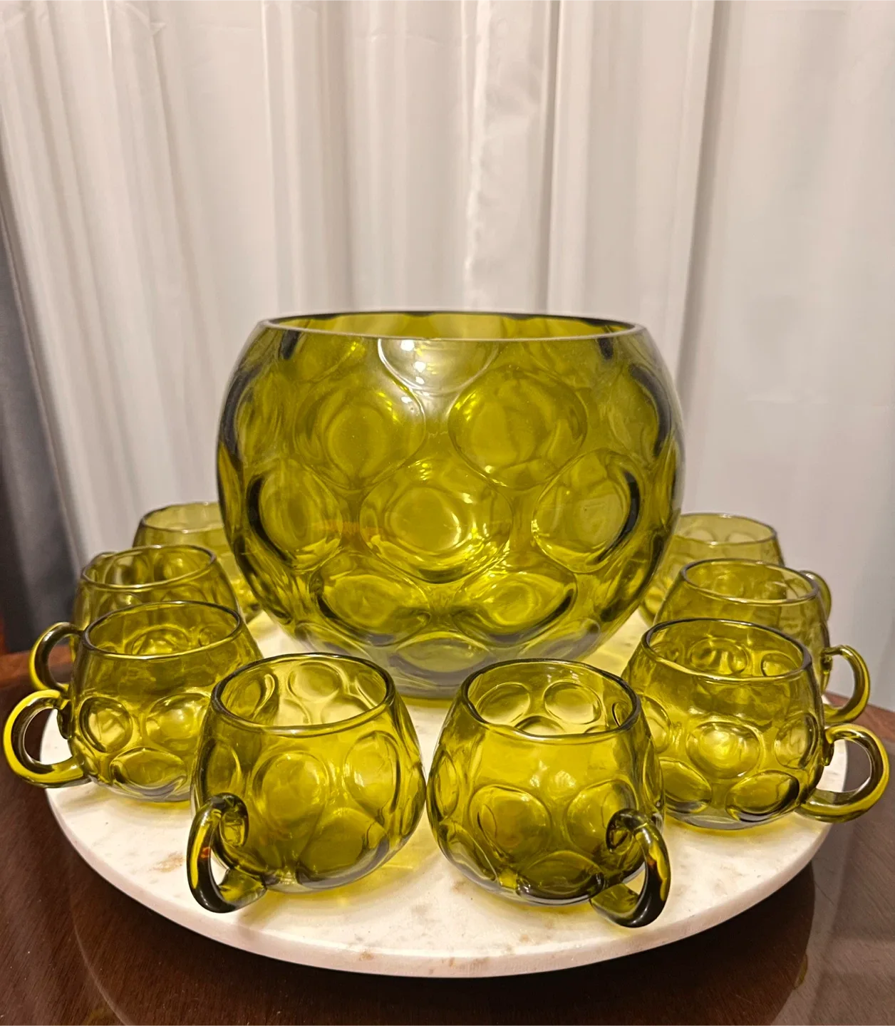 Vintage Olive Green Glass Punch Bowl Set thumbnail