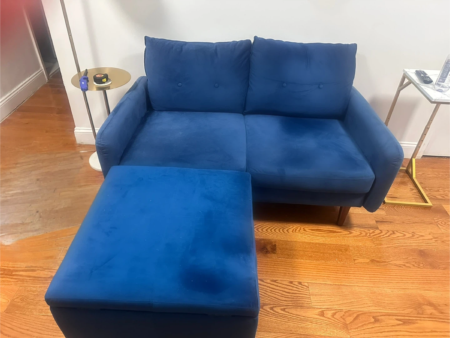 Velvet loveseat and storage ottoman