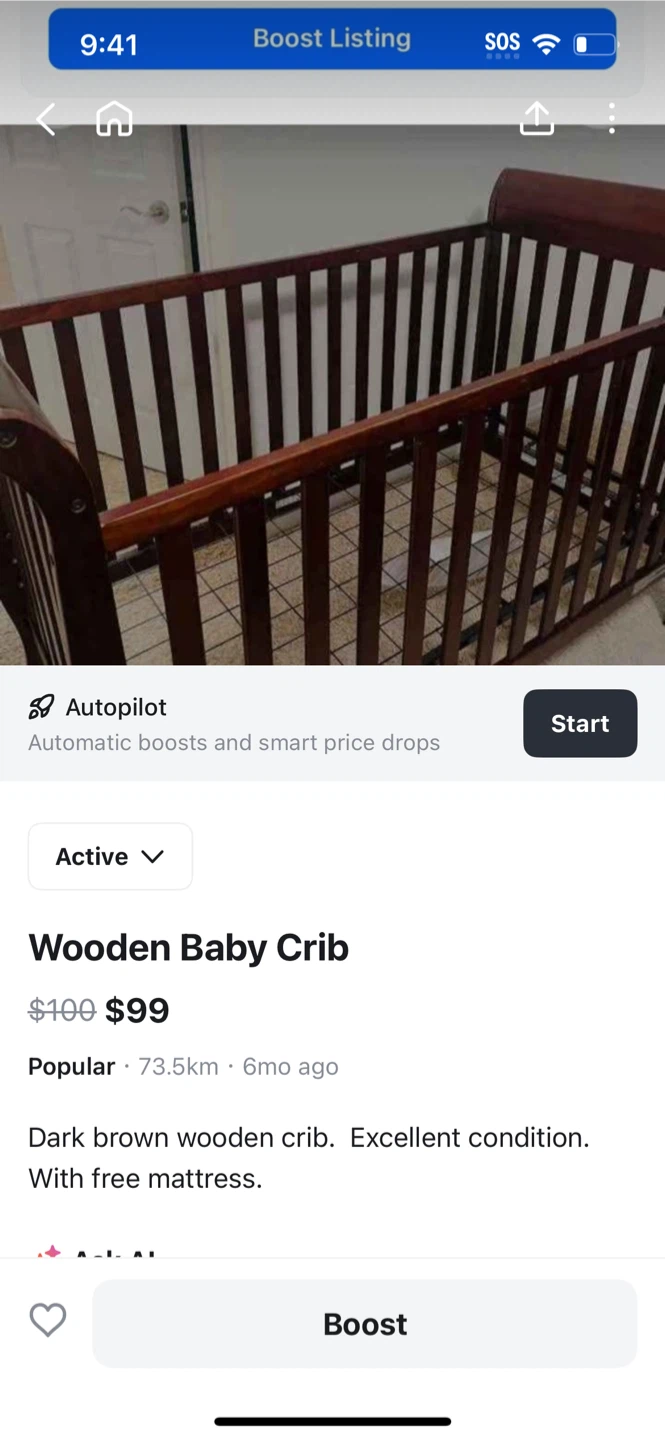 Wooden Baby Crib - Dark Brown, Excellent Condition