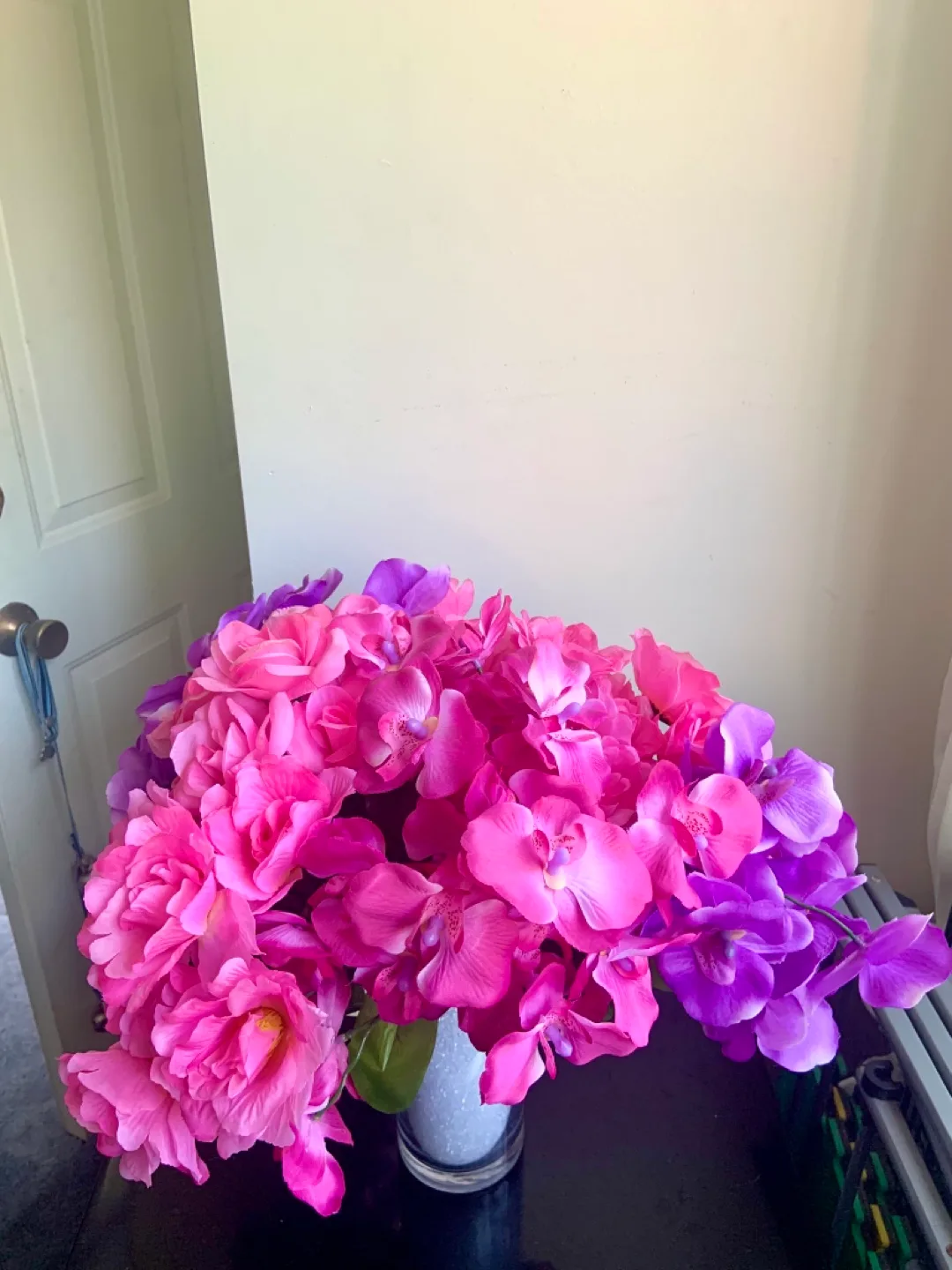 Beautiful Pink & Purple Artificial Flowers in glass vase image indicator(6)