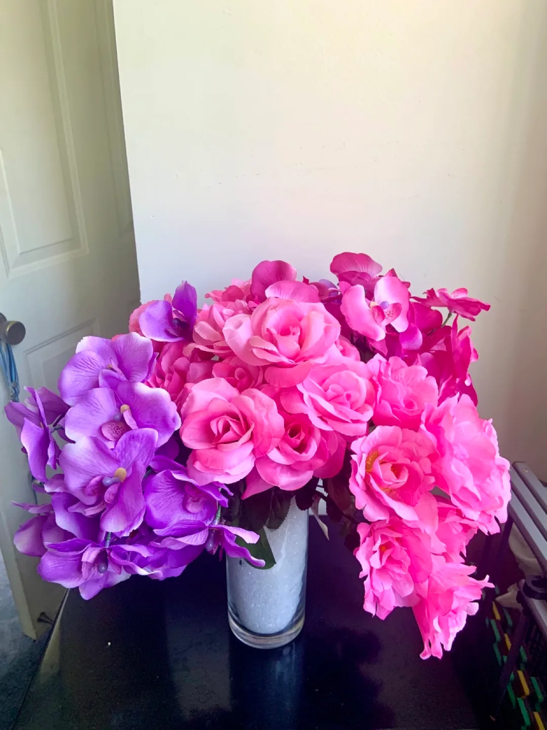 Beautiful Pink & Purple Artificial Flowers in glass vase image indicator(2)