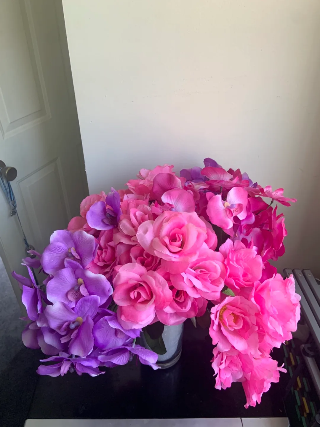 Beautiful Pink & Purple Artificial Flowers in glass vase image indicator(3)