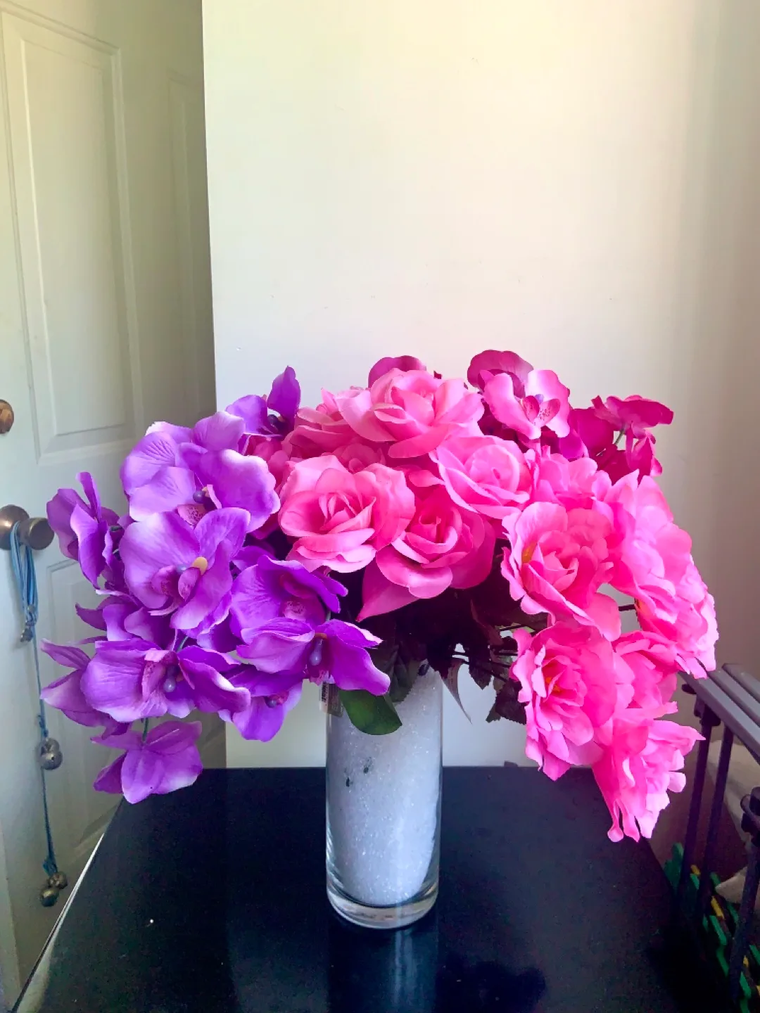 Beautiful Pink & Purple Artificial Flowers in glass vase image indicator(5)