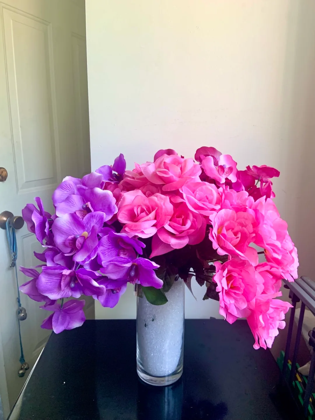 Beautiful Pink & Purple Artificial Flowers in glass vase image indicator(4)