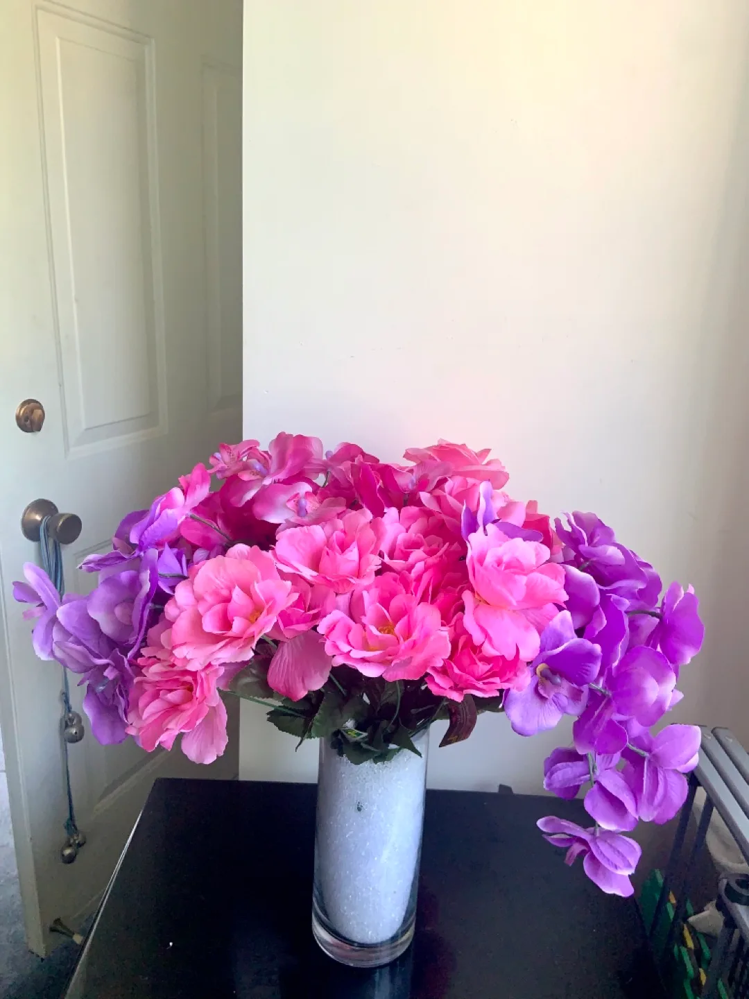 Beautiful Pink & Purple Artificial Flowers in glass vase image indicator(8)