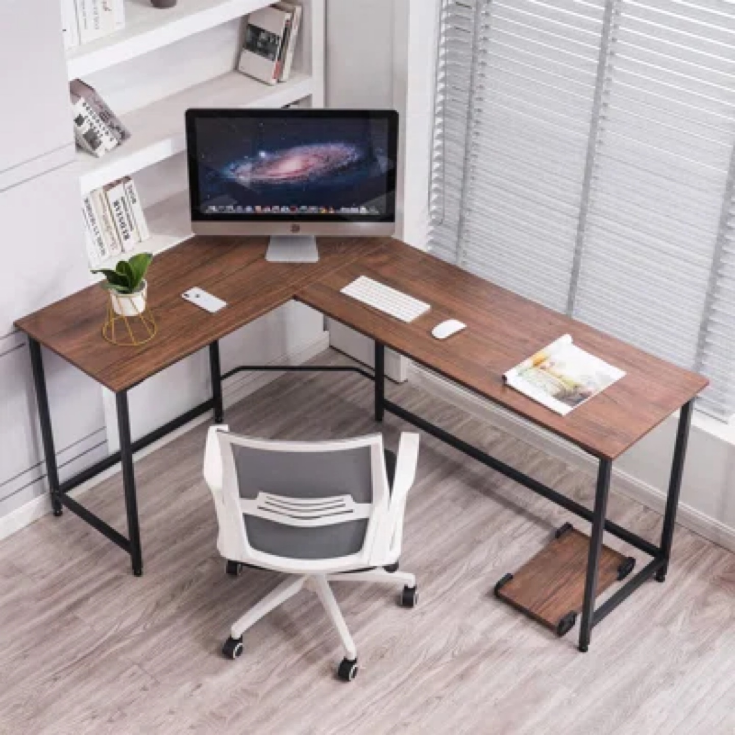 L-Shaped Brown Wood Computer Desk