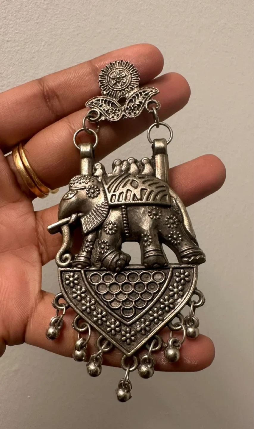 Elephant Design Silver Tone Dangle Earrings image indicator(2)