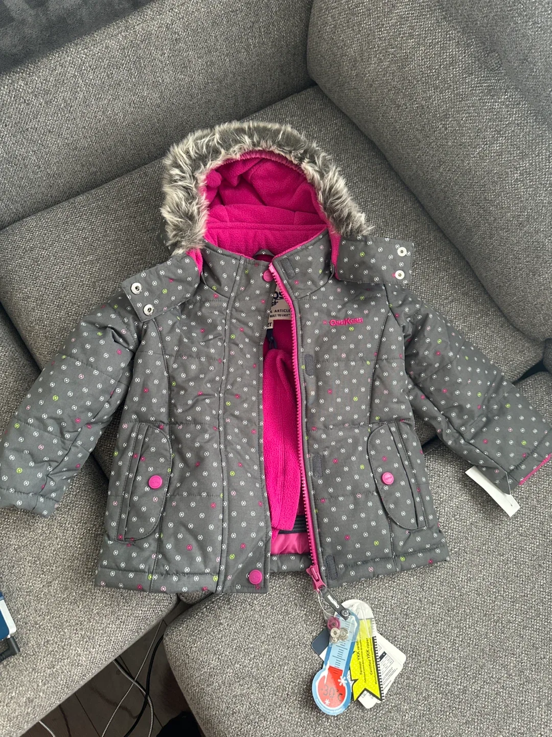 OshKosh B'gosh 2T Winter Jacket - Grey & Pink thumbnail