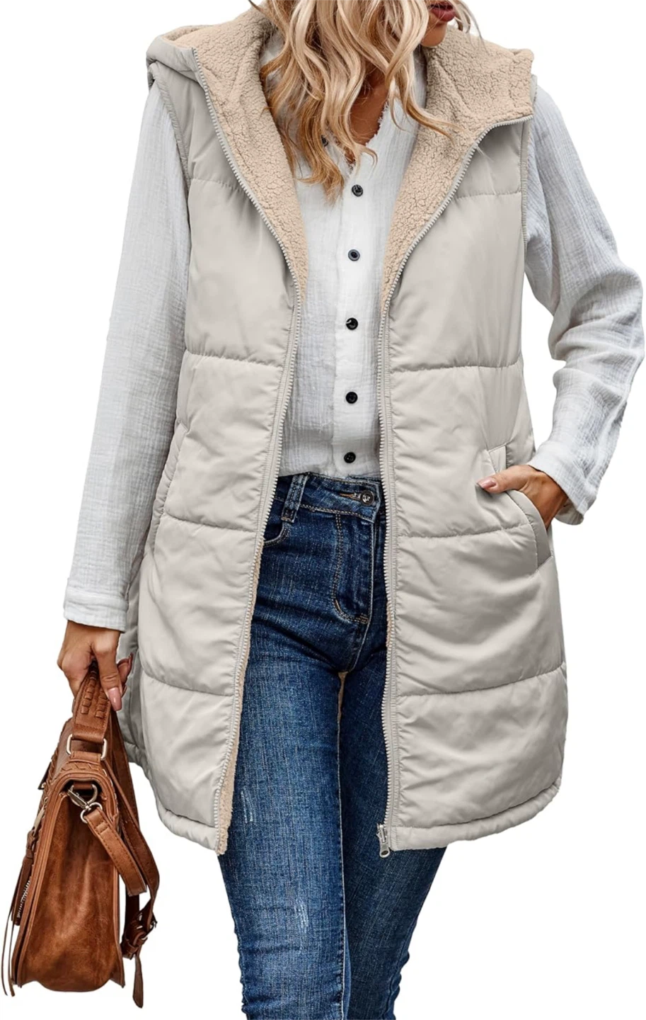 NEW! Reversible Sleeveless Fleece Zip Up Long Vest with Pockets