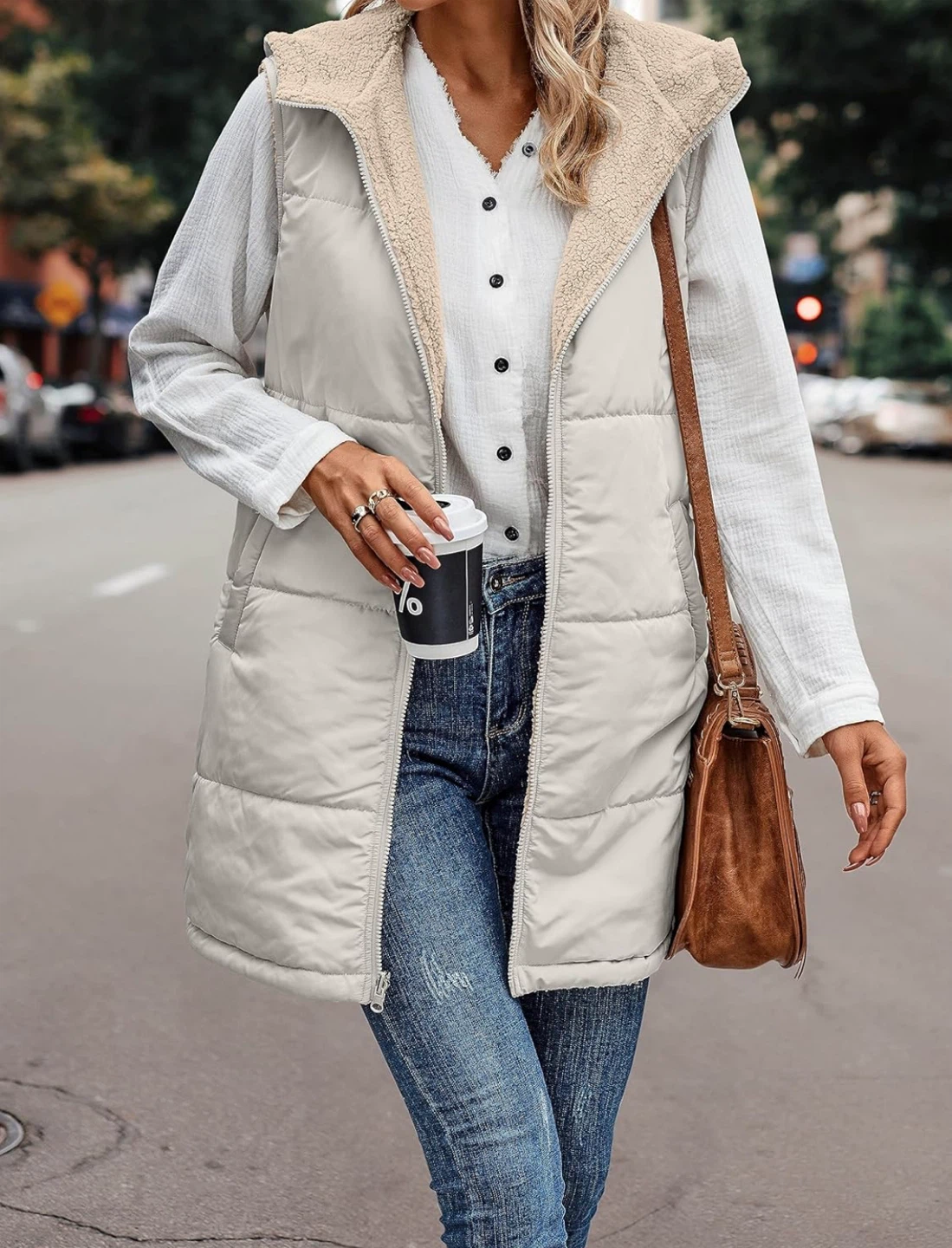 NEW! Reversible Sleeveless Fleece Zip Up Long Vest with Pockets - photo 4