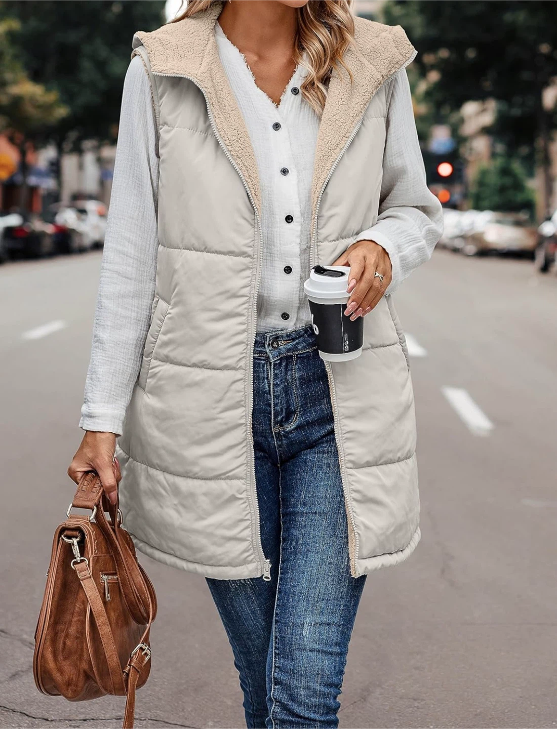 NEW! Reversible Sleeveless Fleece Zip Up Long Vest with Pockets - photo 3