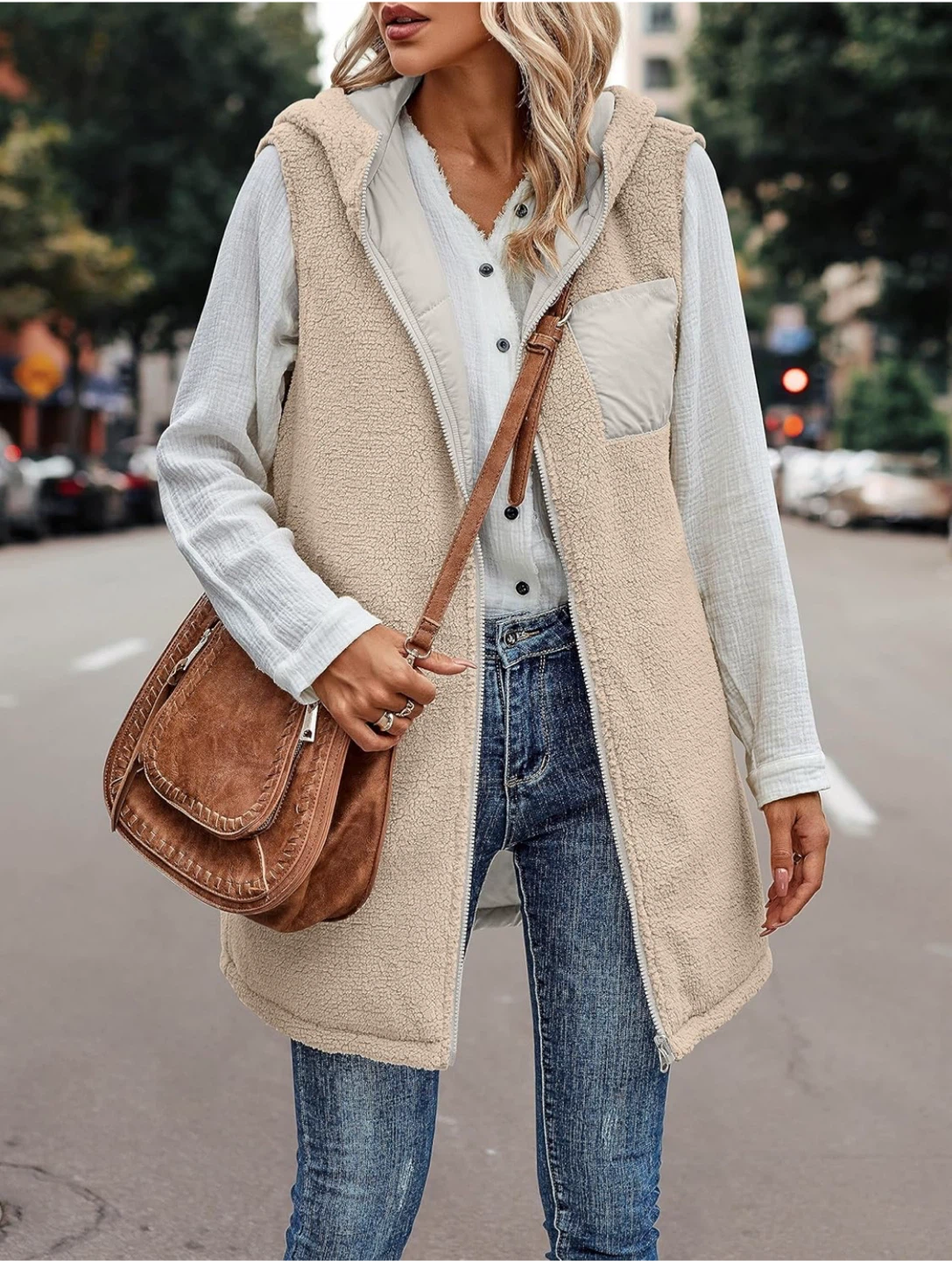 NEW! Reversible Sleeveless Fleece Zip Up Long Vest with Pockets - photo 2