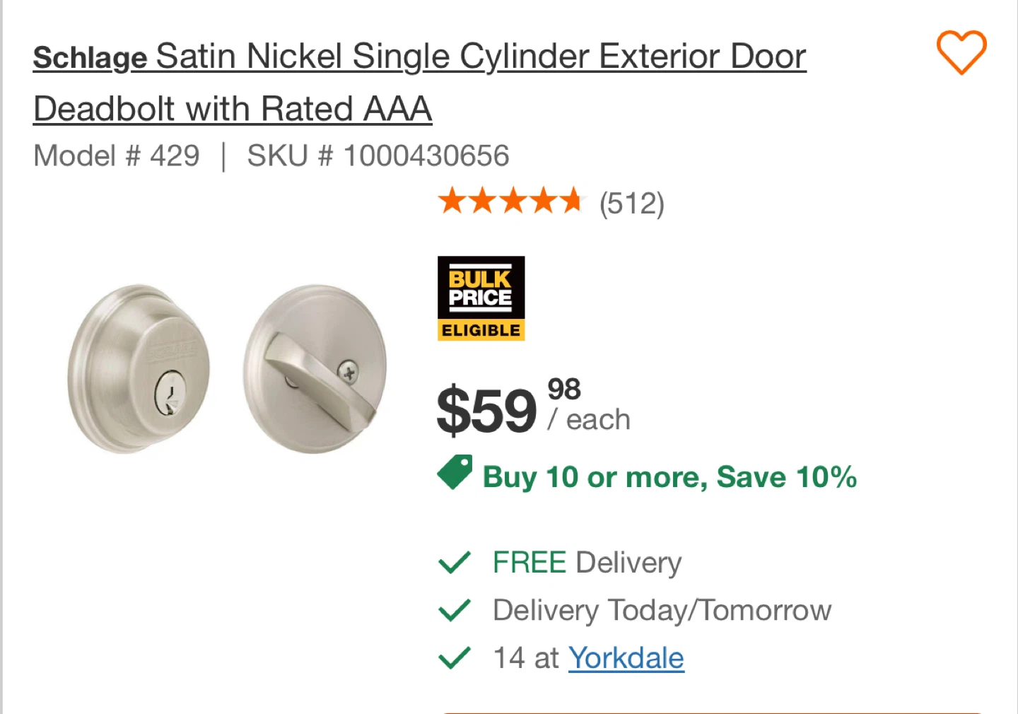 Schlage Satin Nickel Single Cylinder Deadbolt - New in Box!