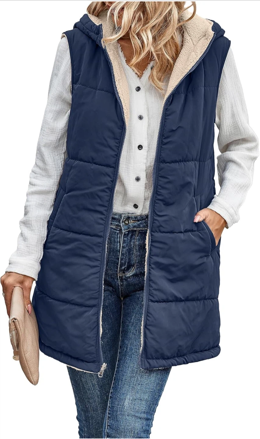 NEW! Reversible Sleeveless Fleece Zip Up Long Vest with Pockets