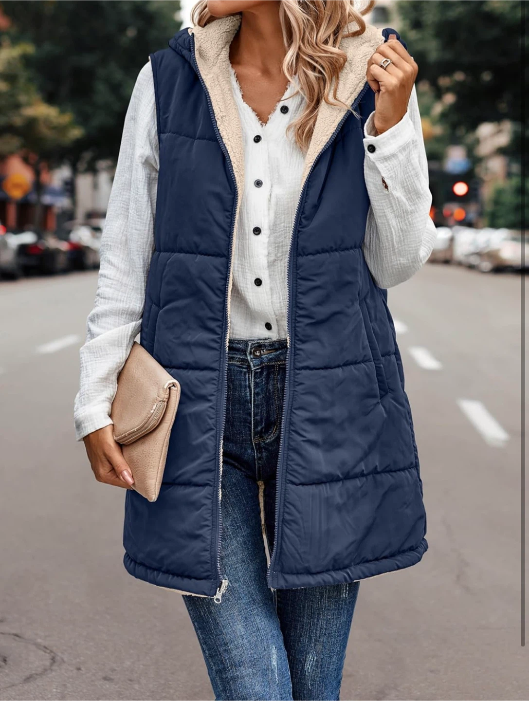 NEW! Reversible Sleeveless Fleece Zip Up Long Vest with Pockets - photo 2