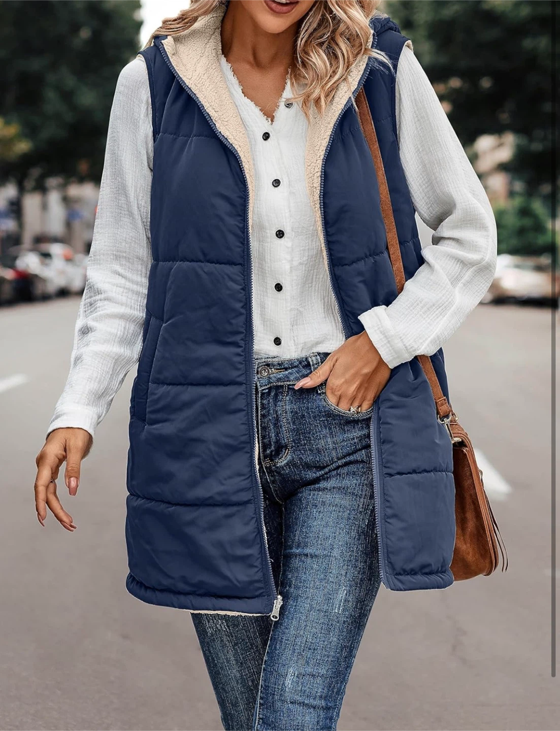 NEW! Reversible Sleeveless Fleece Zip Up Long Vest with Pockets - photo 4