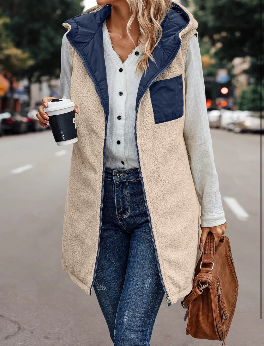NEW! Reversible Sleeveless Fleece Zip Up Long Vest with Pockets - photo 3