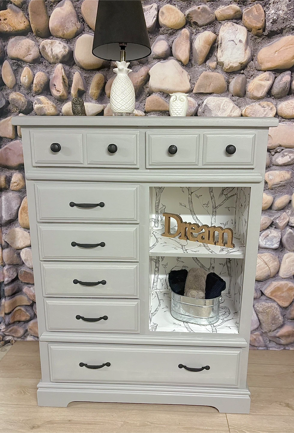 Grey Painted Dresser with Open Shelf
