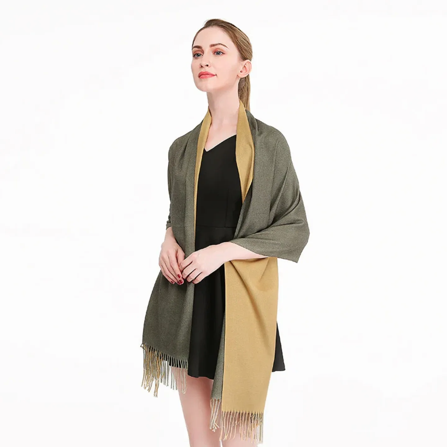 Reversible Shawl/Scarf - Olive & Gold thumbnail