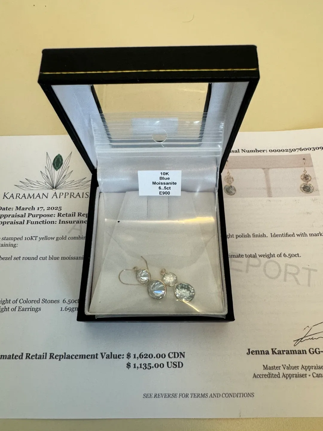 10K Gold Blue Moissanite Earrings, 6.5ct image indicator(7)