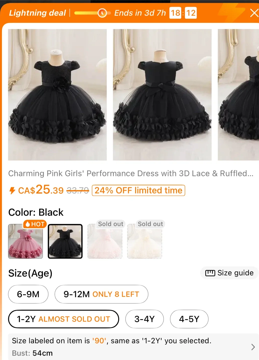 Girls' Black Performance Dress, Size 1-2Y image indicator(4)