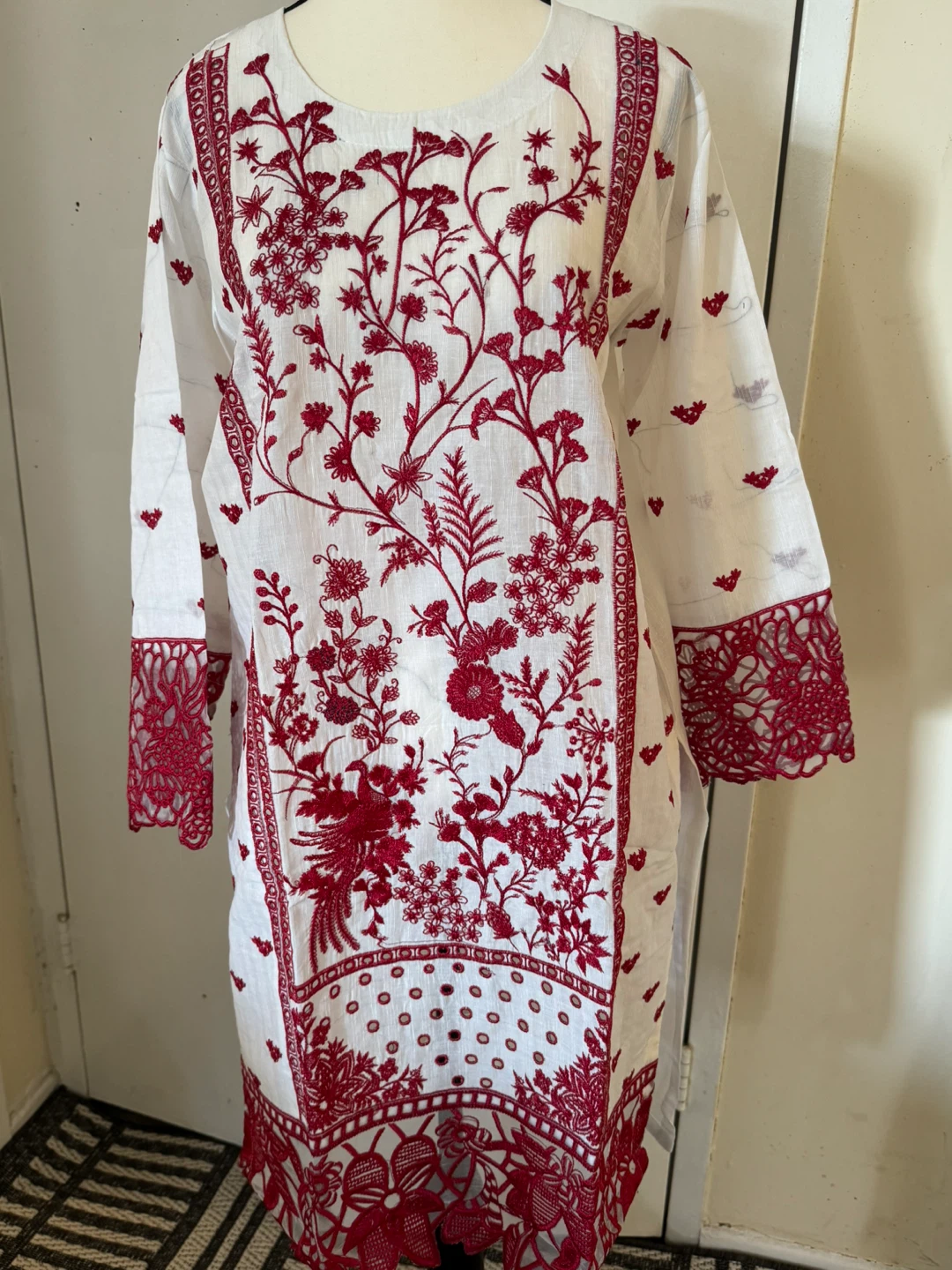 White & Red Embroidered Kurti