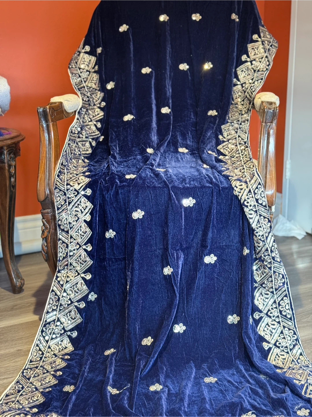 Velvet Shawl - Blue with Gold Embroidery