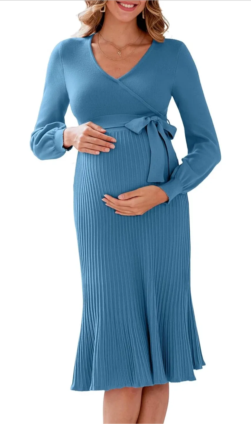 NEW! V FOR CITY Blue Maternity Wrap Sweater Dress thumbnail