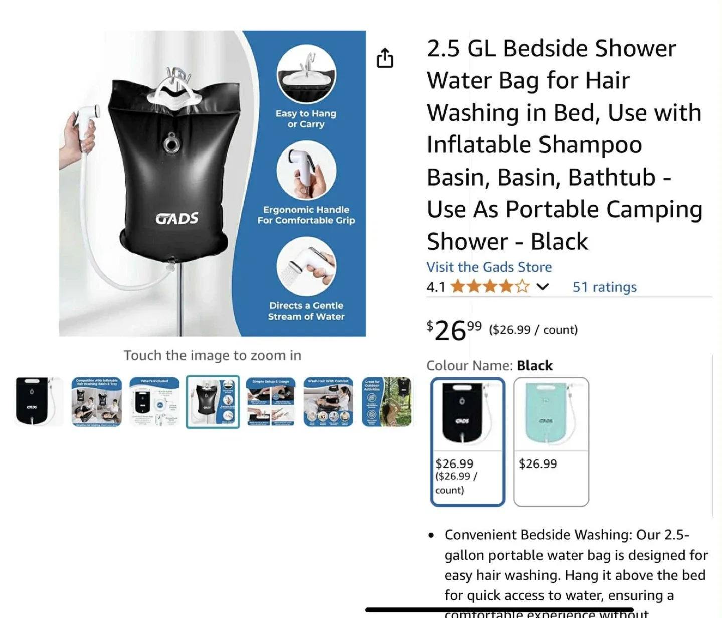 Gads 2.5 GL Bedside Shower Water Bag - Black image indicator(2)