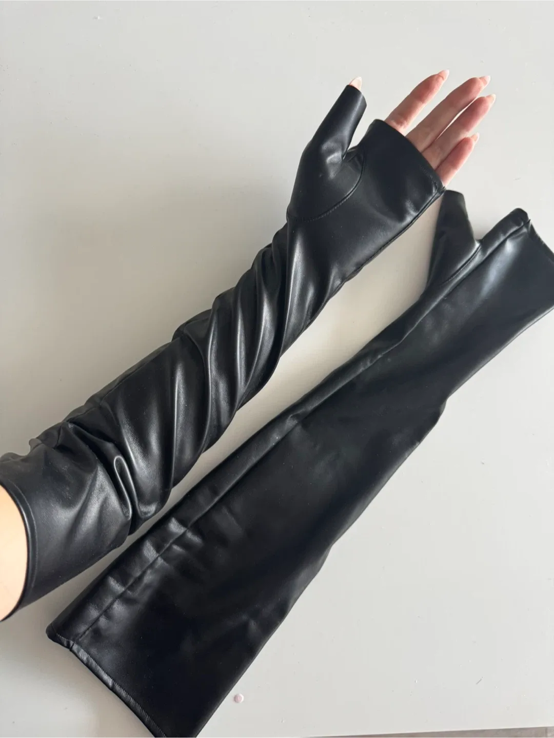 Black Faux Leather Fingerless Long Gloves thumbnail