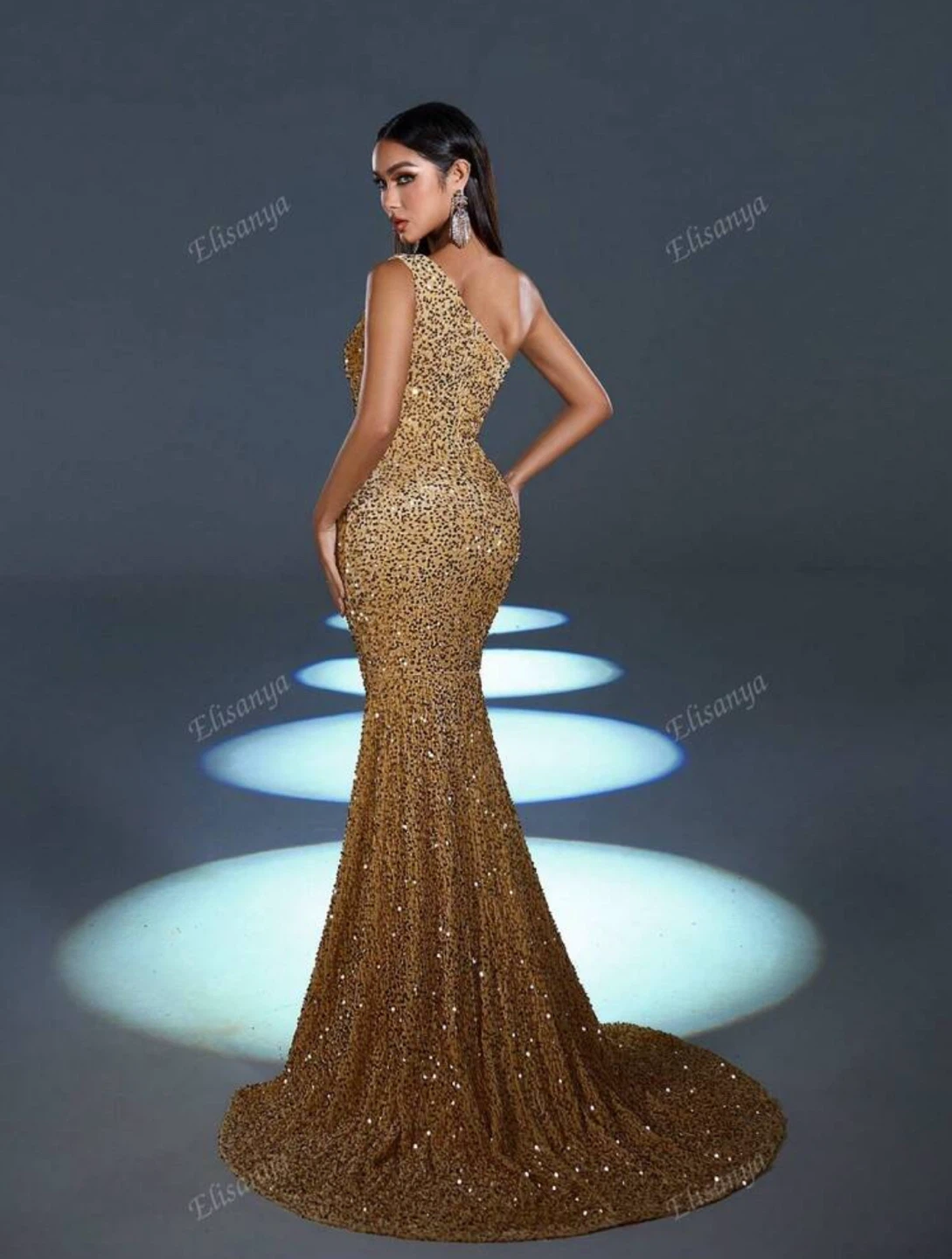 Elisanya Gold Sequin One-Shoulder Gown - photo 2