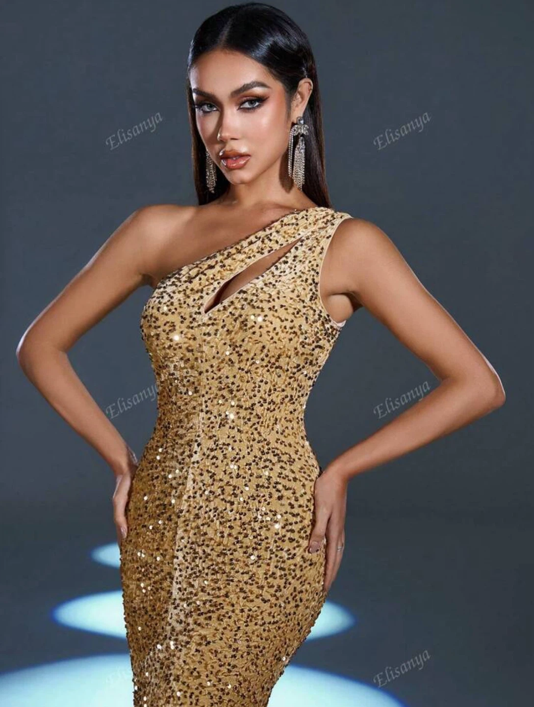 Elisanya Gold Sequin One-Shoulder Gown - photo 3