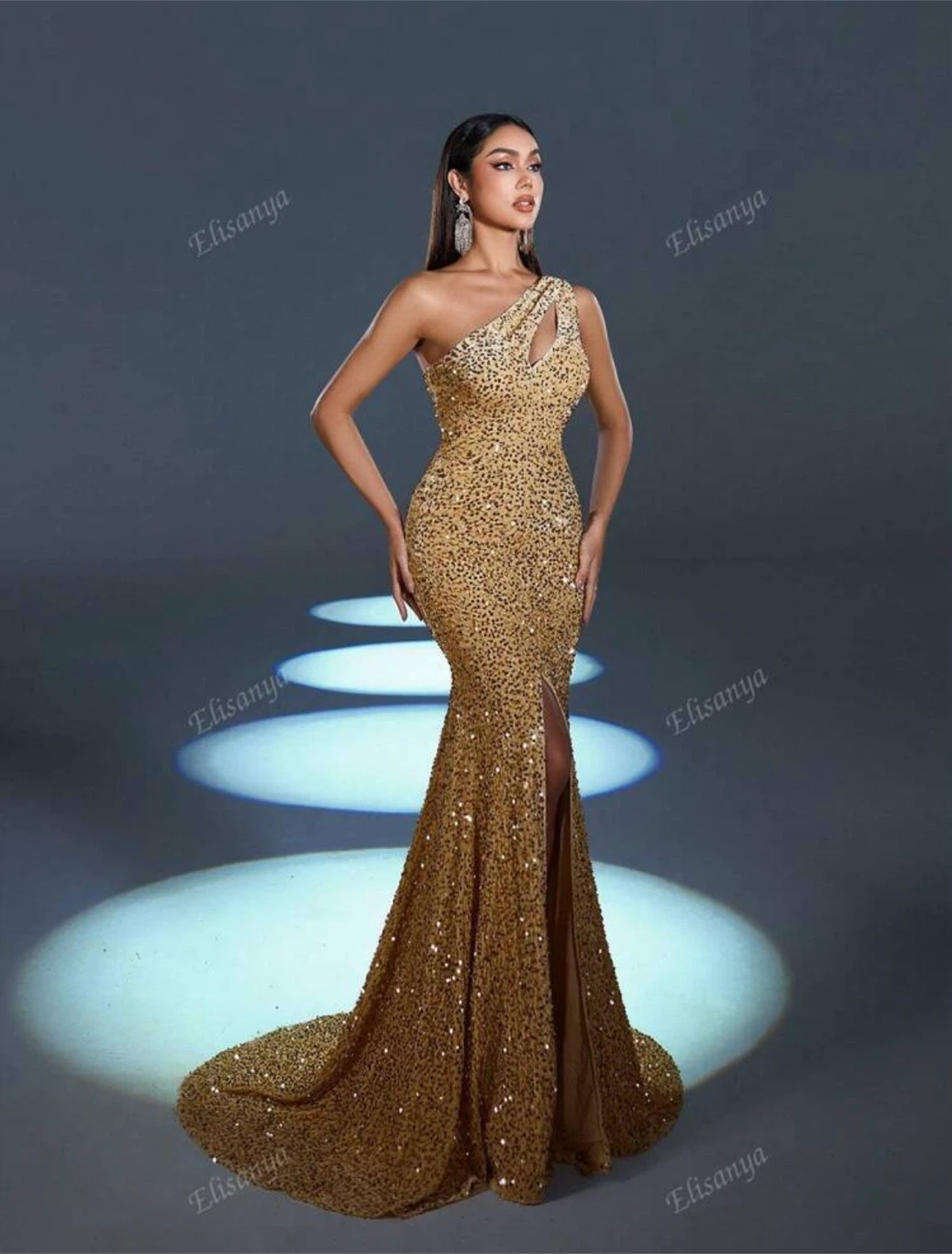 Elisanya Gold Sequin One-Shoulder Gown