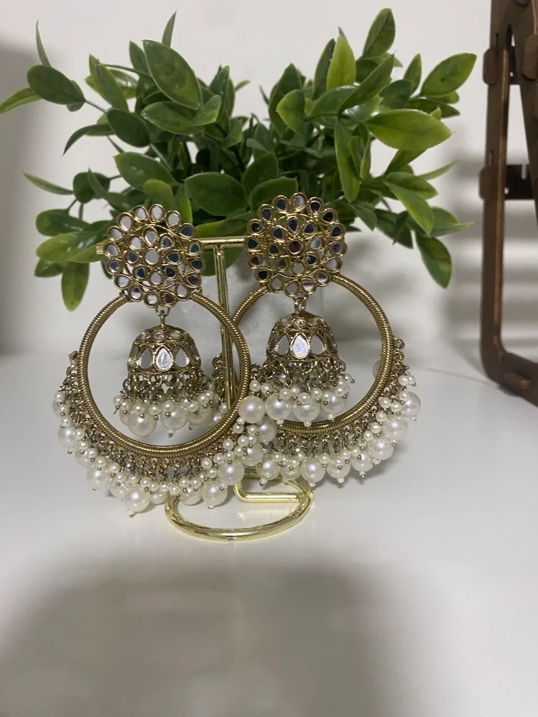Gold Jhumka Earrings with Pearls thumbnail