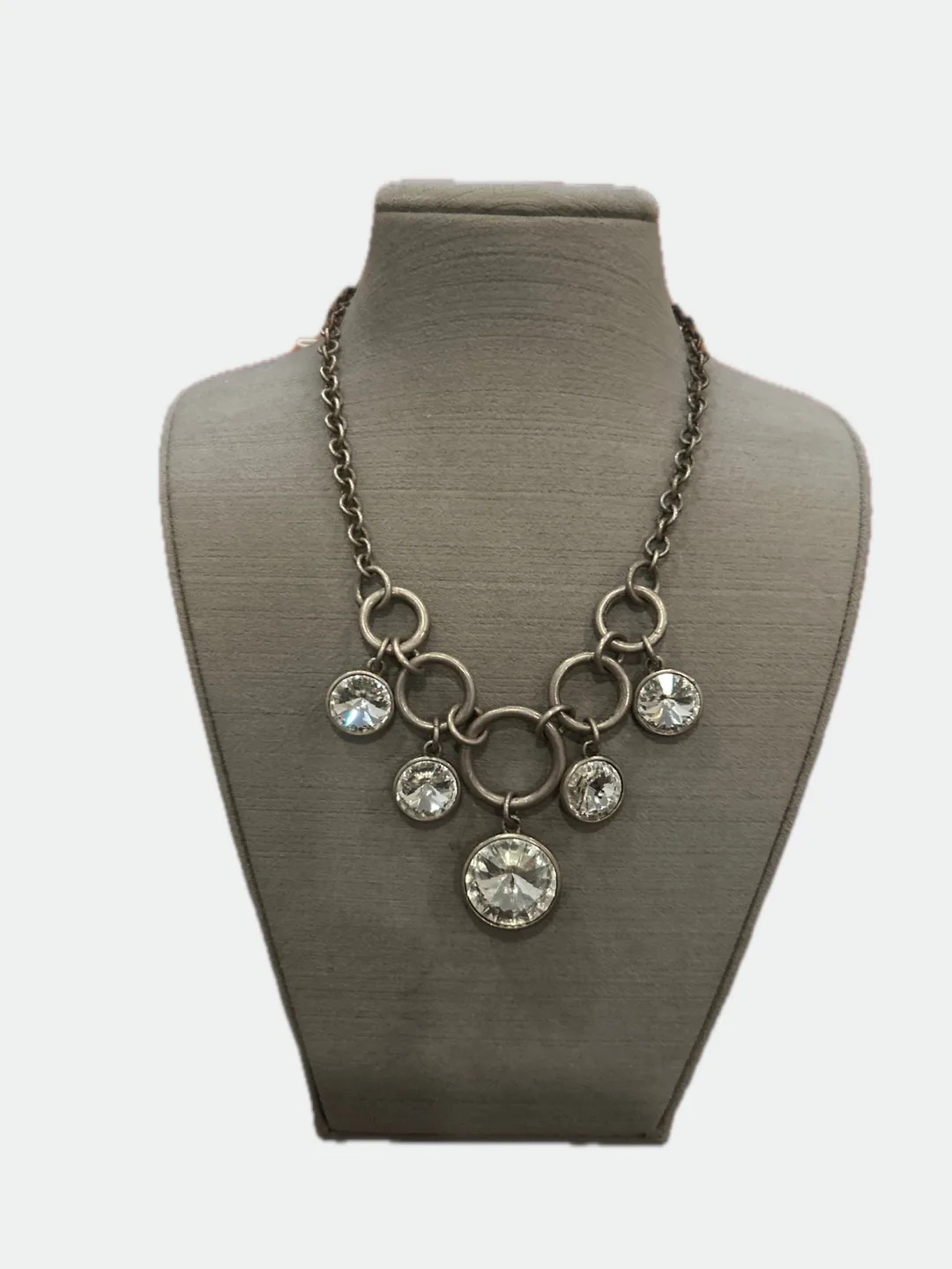 Silver Tone Statement Necklace with Rhinestones