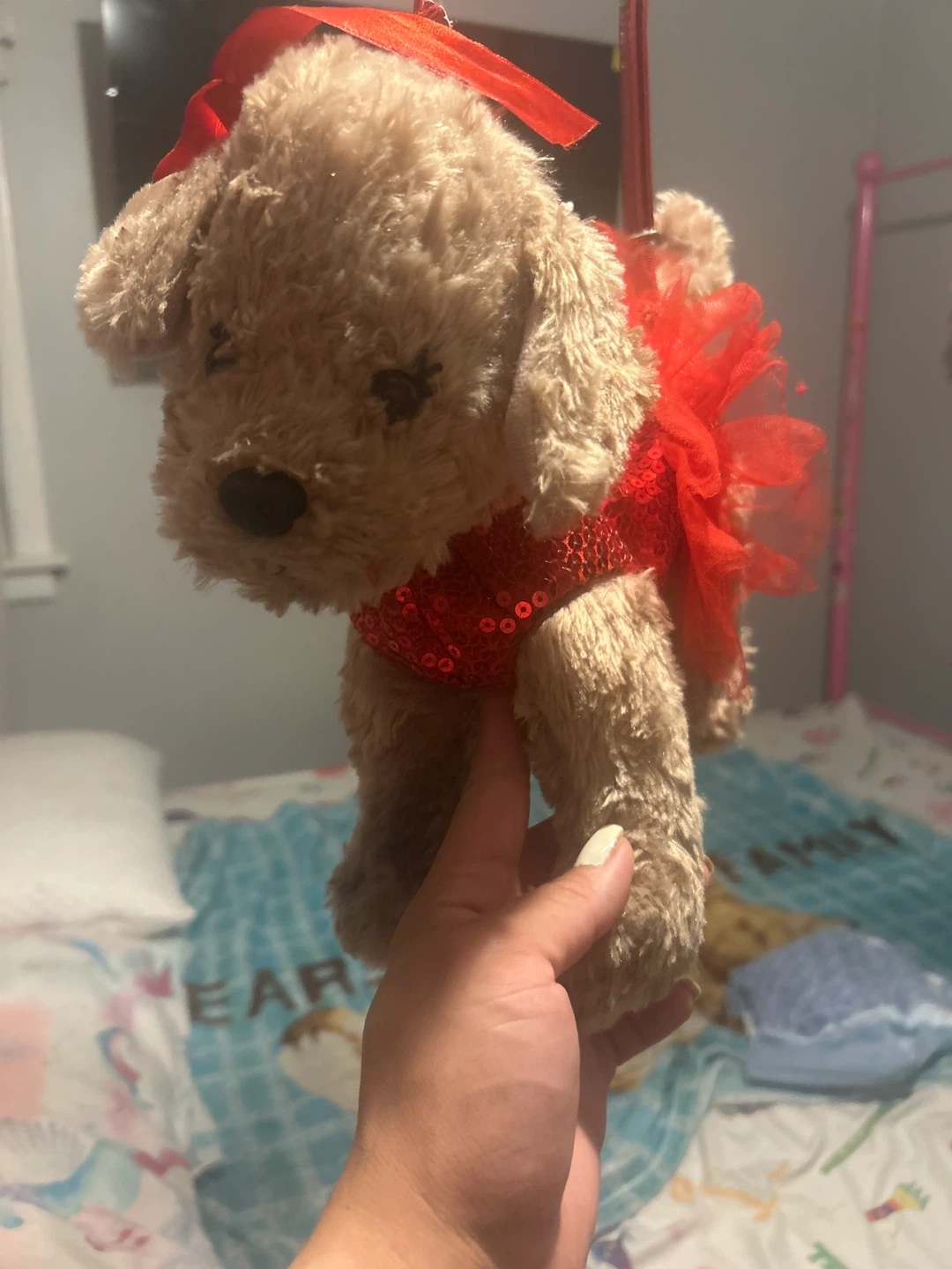 Dog Plush Ornament with Red Dress