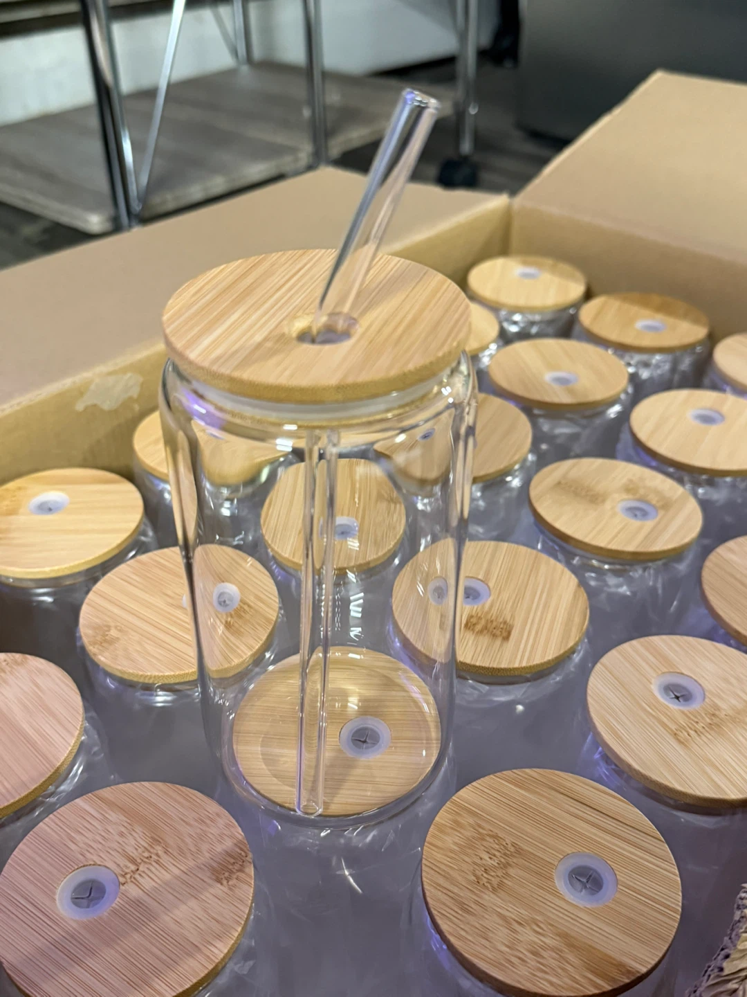 24 Pack 16oz Glass Tumblers with Bamboo Lid and Straw - photo 2