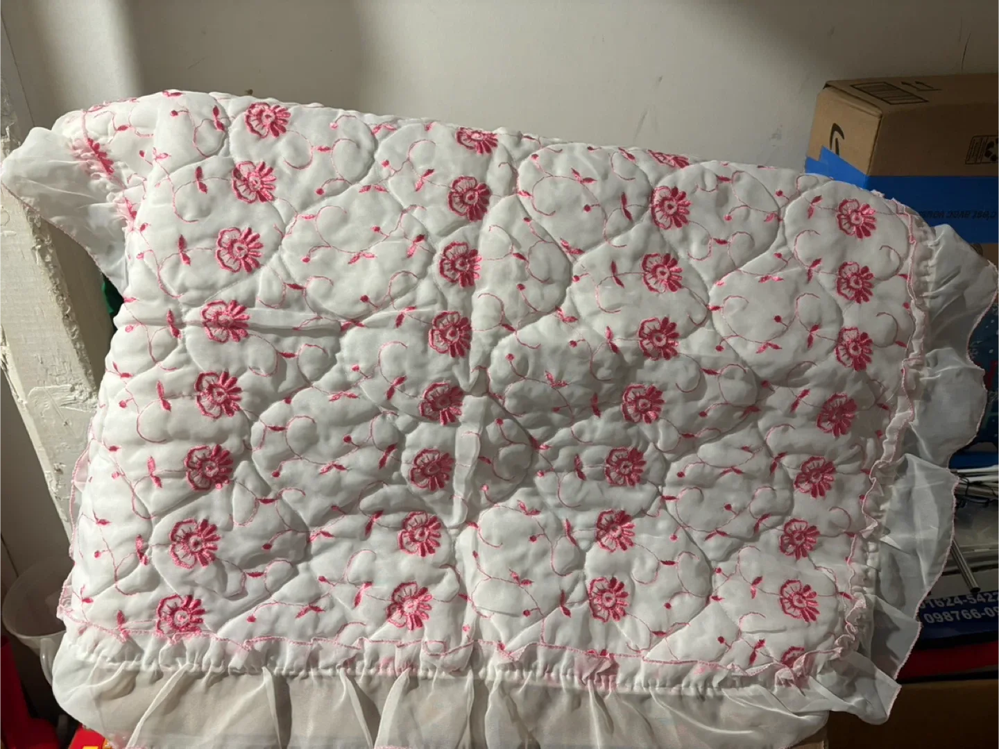 White & Pink Floral Quilted Cushion Cover - 57x44cm thumbnail