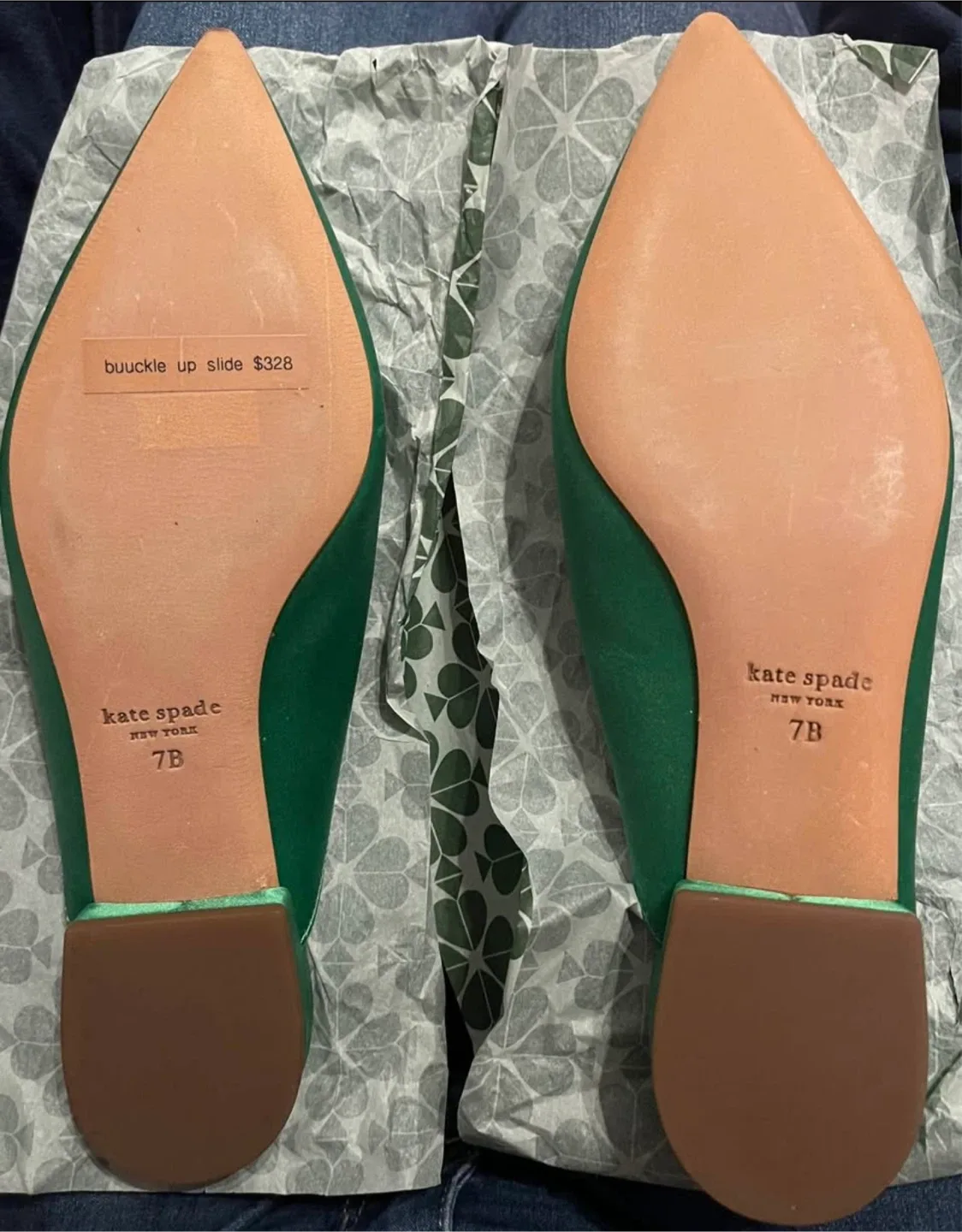 Kate Spade Kelly Emerald Green Buckle Up Slide Flats size 7 image indicator(7)