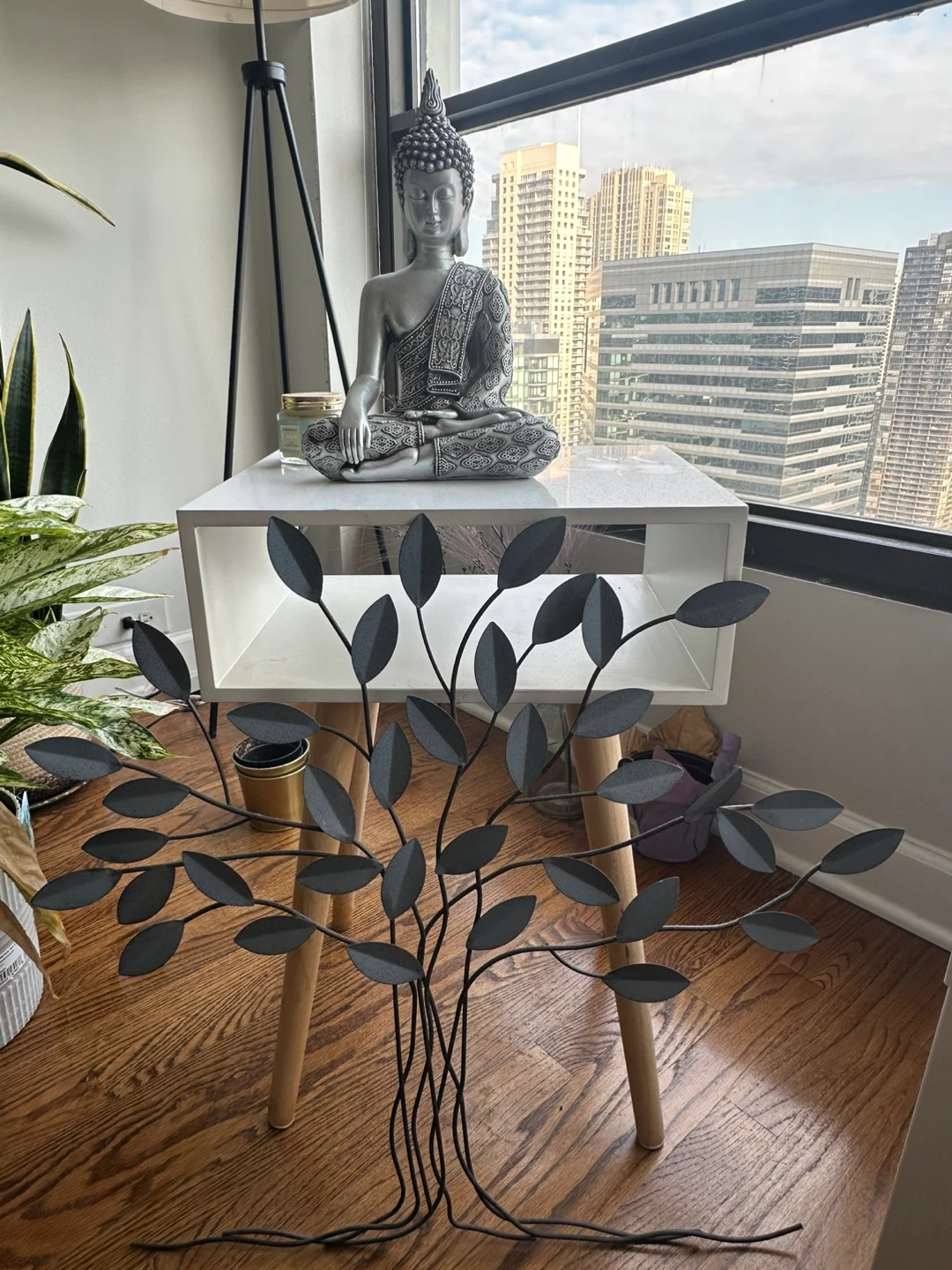 Buddha Statue & Metal Tree Decor & End Table