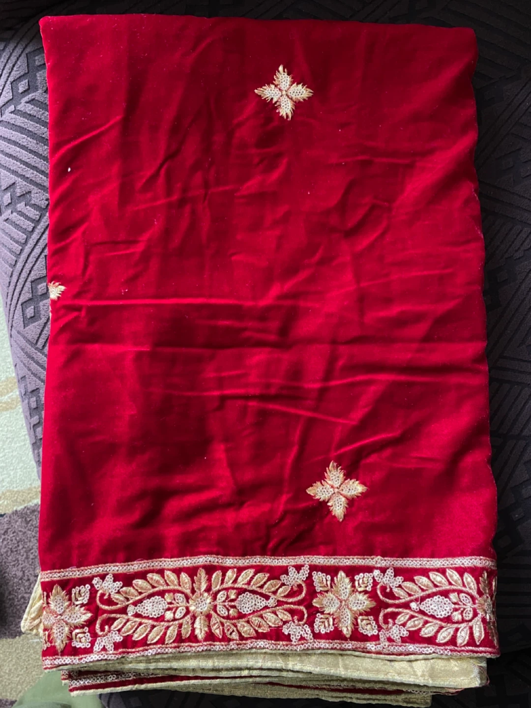 Red Velvet Shawl with Gold Embroidery