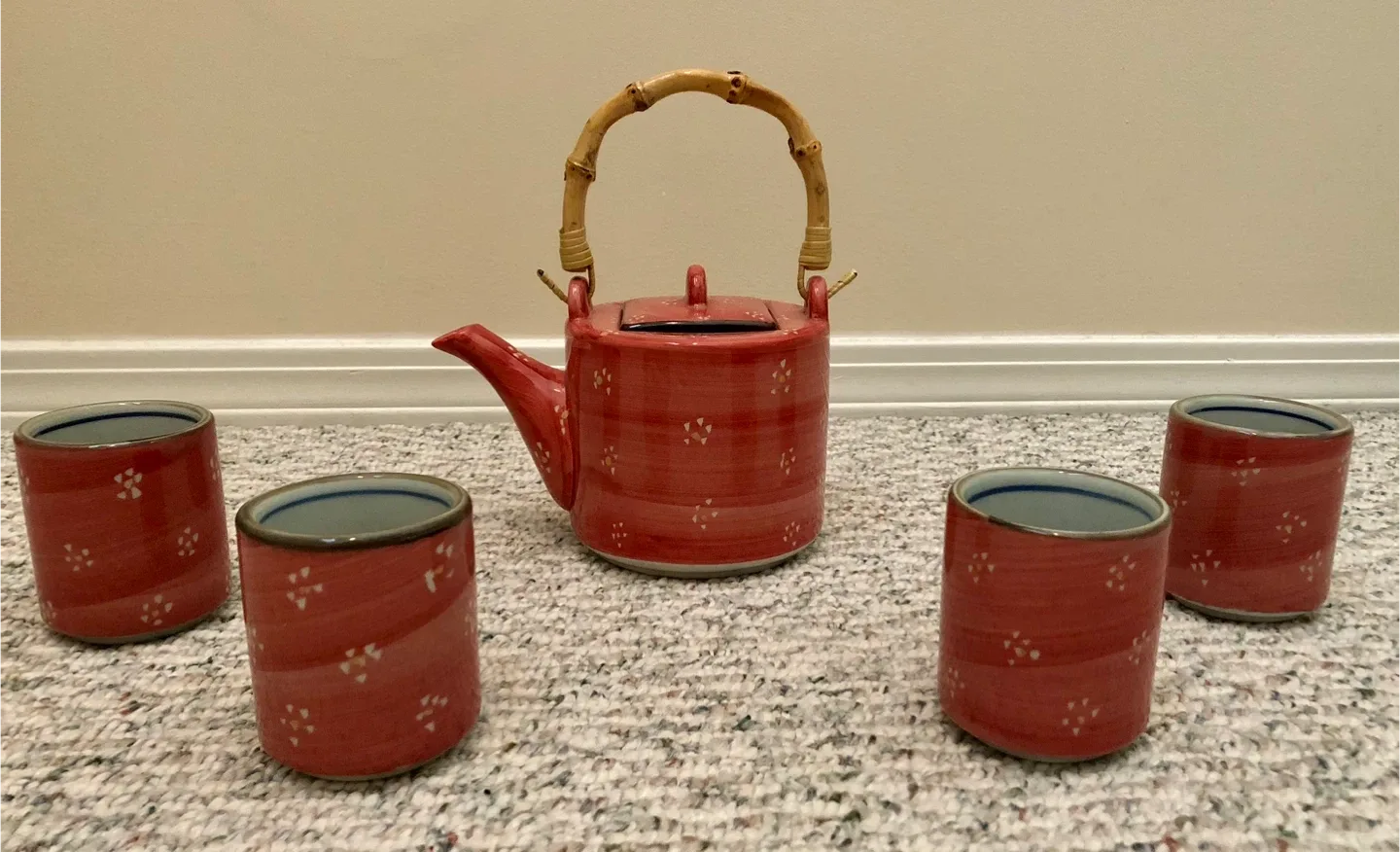Tea Set with Teapot and Cups - Red Floral Design